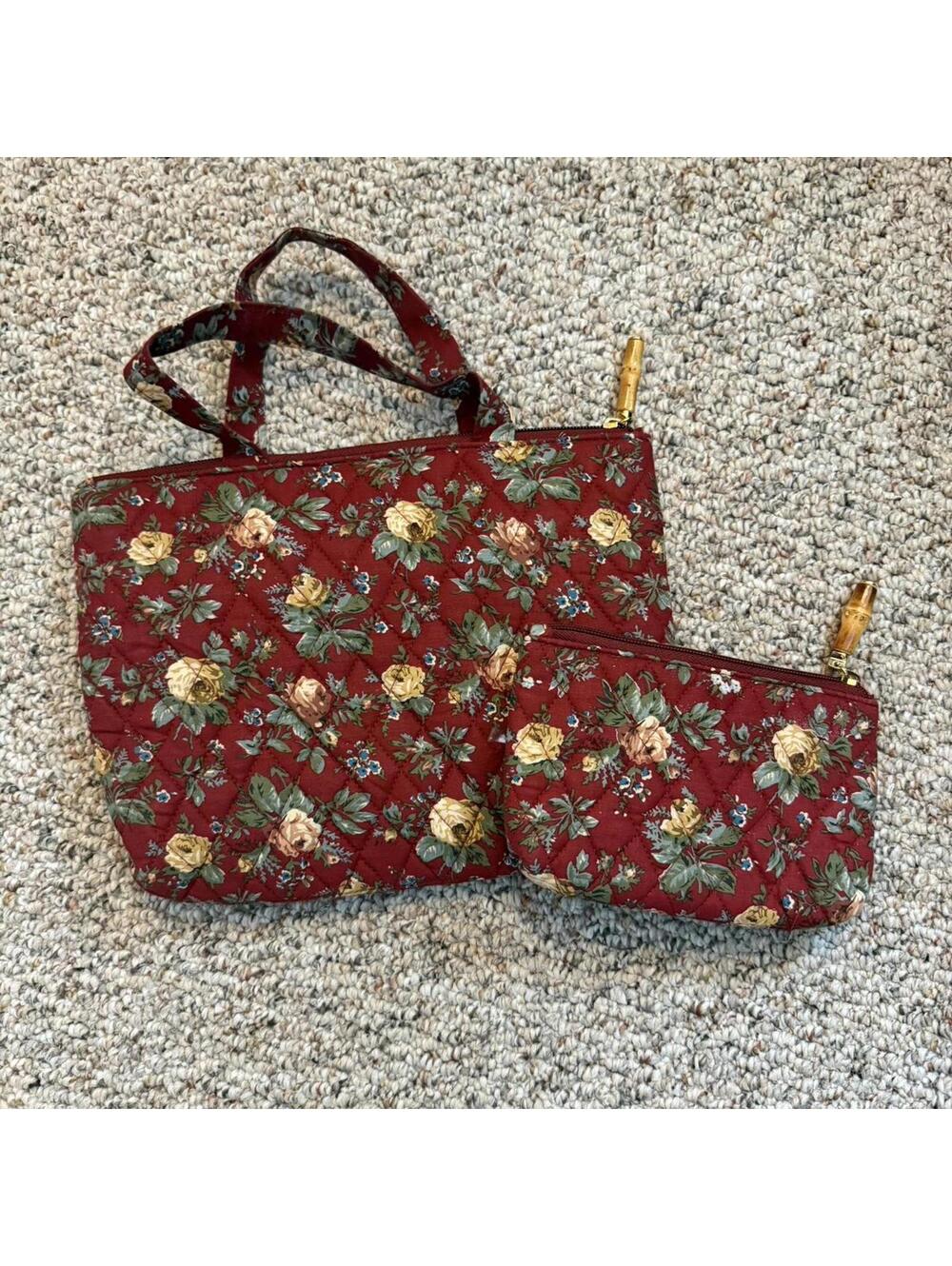Red floral quilted cosmetic makeup cases w/bamboo zipper pulls